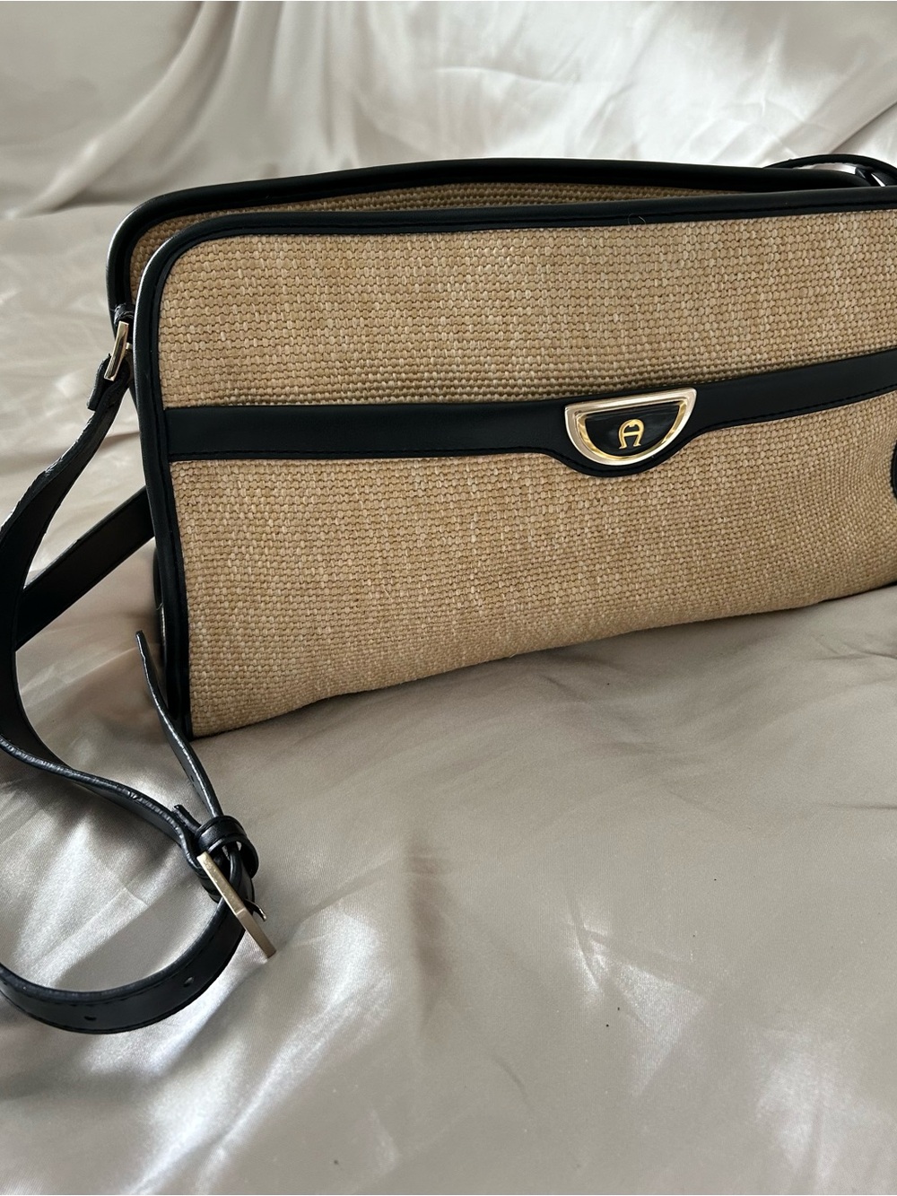 AIGNER Woven Straw Shoulder Bag with Black Trim